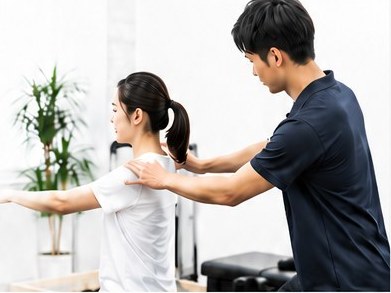 スタッフが姿勢を確認しながらサポートしている様子